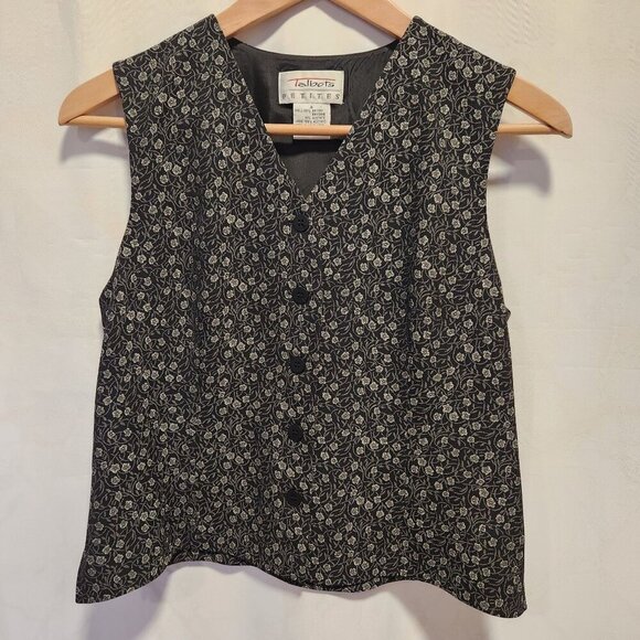 VTG Talbots Petites Women's Size 4 Black/White Floral Vest Structured Officewear - Picture 1 of 5